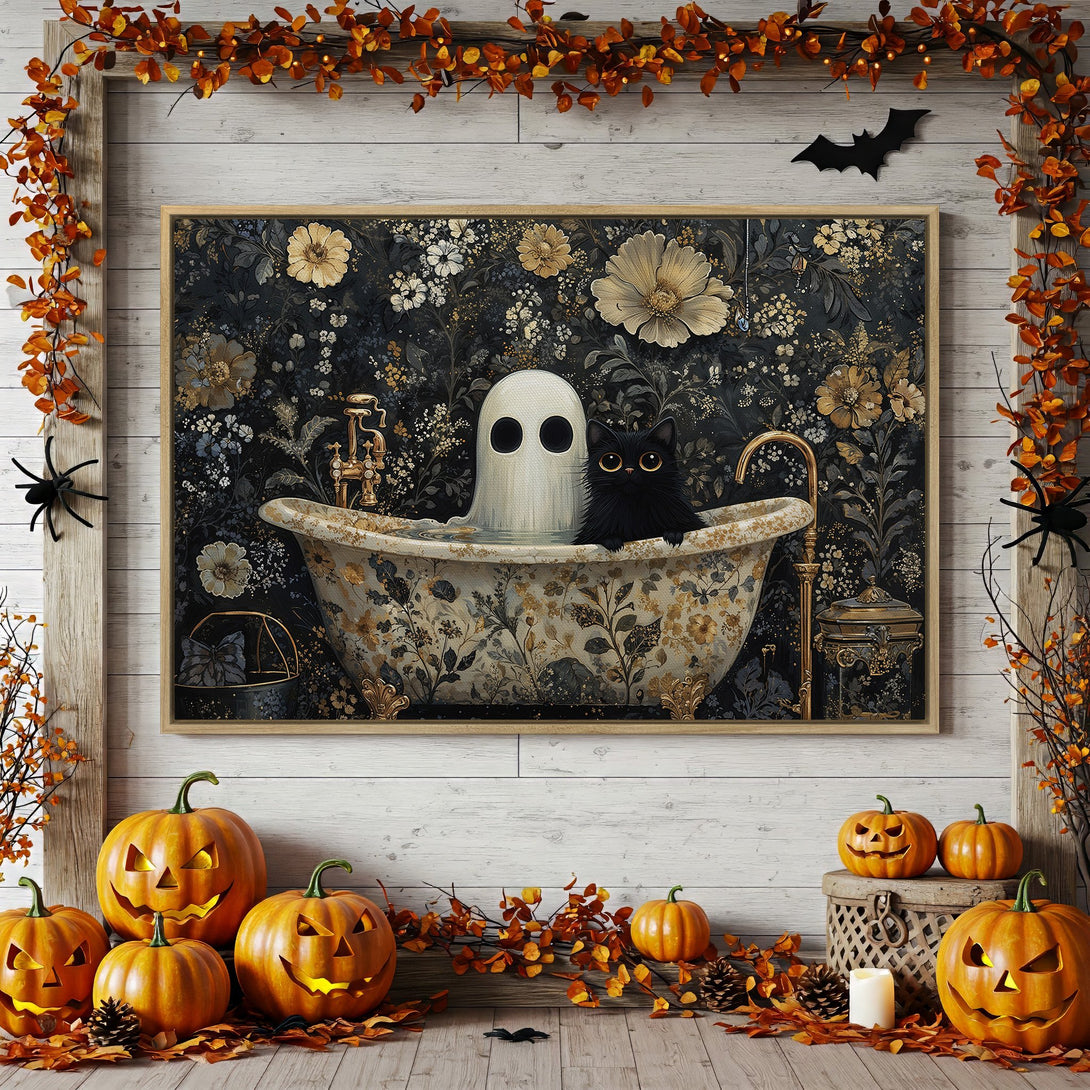 Framed Wall Art: Halloween-themed print with a ghost and black cat in a floral bathtub, dark and gold color palette.