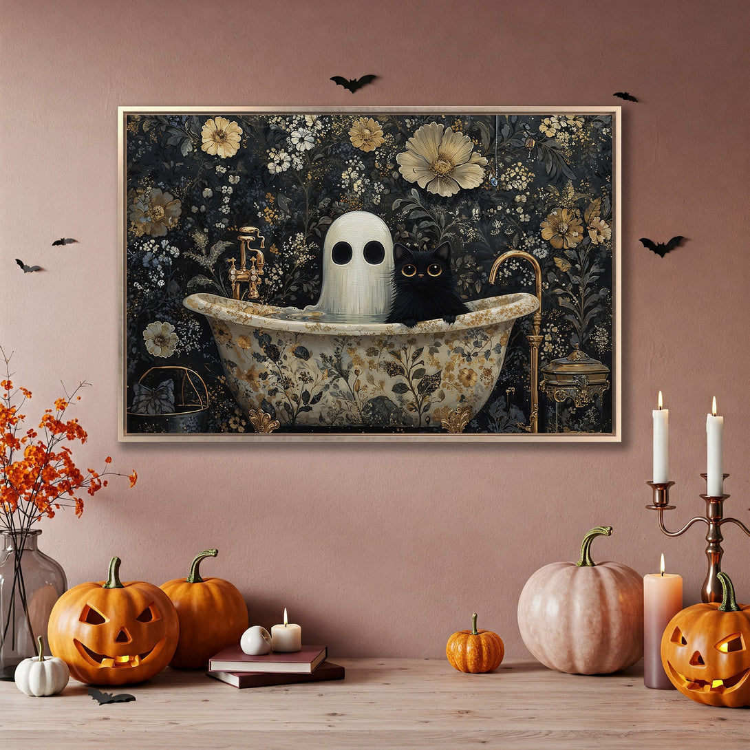 Framed Wall Art: Whimsical Halloween scene with a ghost and black cat in a floral bathtub. Dark, moody color palette. Perfect for spooky decor!