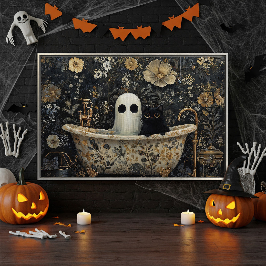 Framed Wall Art: Halloween-themed canvas print featuring a cat and ghost in a floral bathtub. Dark, moody color palette with gold accents for a spooky, stylish look.