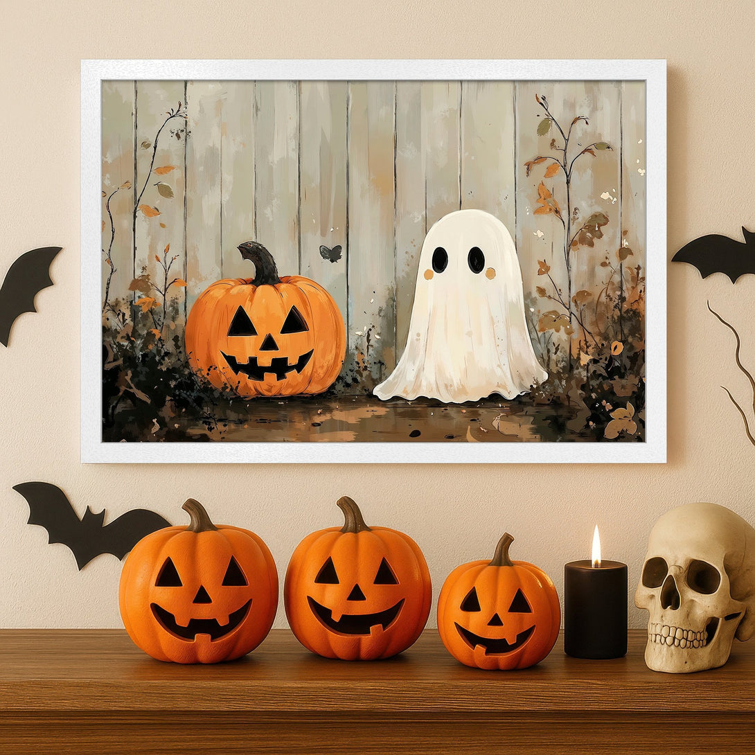 Framed Poster featuring a whimsical Halloween scene with pumpkins and a ghost, in warm orange and neutral tones.