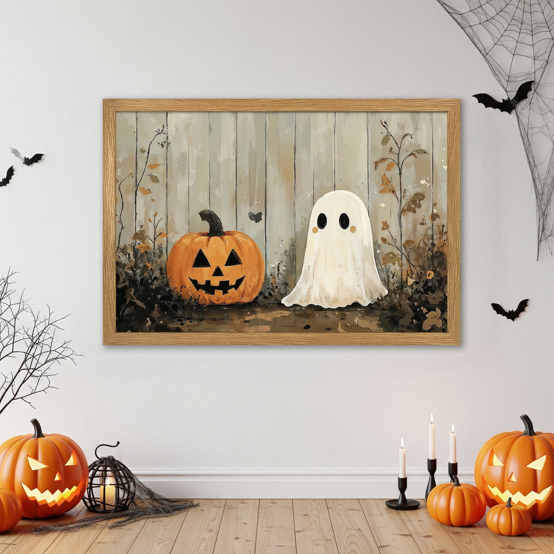 Framed Poster featuring a whimsical Halloween scene with a pumpkin and ghost, in a warm, neutral color palette.