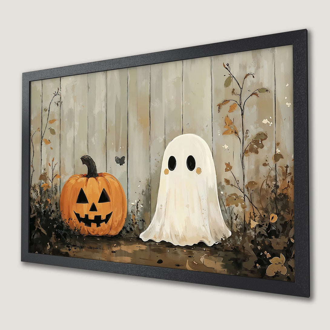 Framed Poster featuring a whimsical Halloween scene with a ghost and pumpkin in a rustic style, warm color palette.