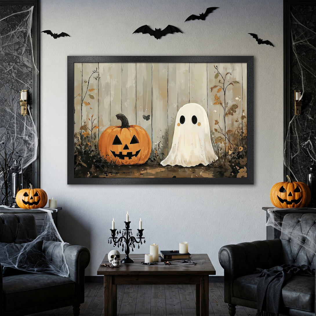 Framed Poster featuring a Halloween pumpkin and ghost illustration in a rustic style with an orange, beige, and black color palette.