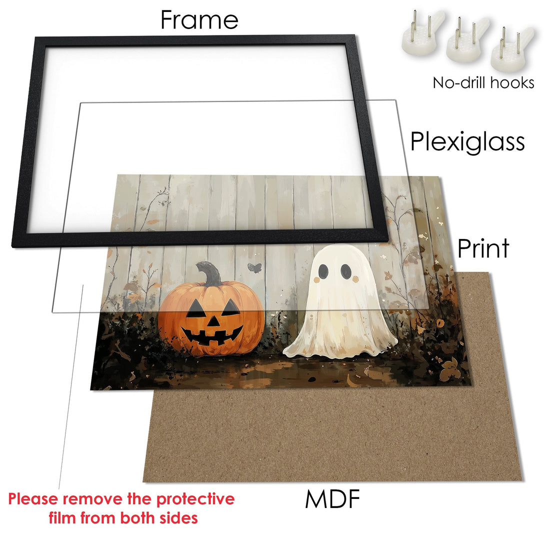 Framed Poster featuring a Halloween design with a pumpkin and ghost. Rustic style, warm color palette. Perfect spooky decor!