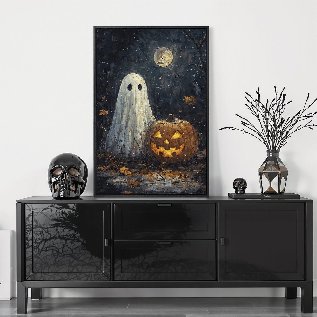 Framed Wall Art: Spooky Halloween scene featuring a ghost and jack-o'-lantern in a dark, moody style. Dark color palette with pops of orange and gold. Perfect for fall decor.