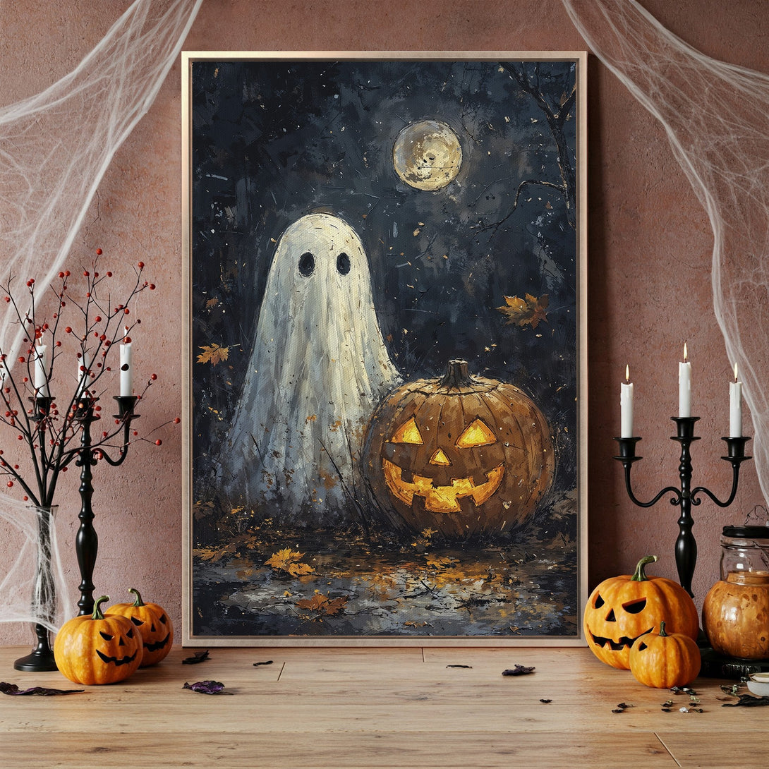 Framed Wall Art: Spooky Halloween scene with a ghost and jack-o'-lantern. Dark, moody color palette with gold frame. Perfect for seasonal decor!