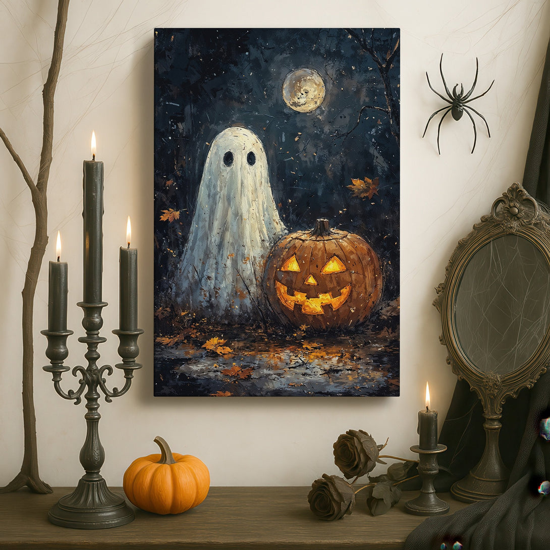 Framed Wall Art: Spooky Halloween scene with a ghost and jack-o'-lantern. Dark, moody palette. Perfect for adding a touch of eerie elegance to your home.
