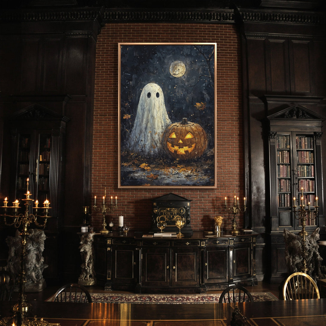 Framed Wall Art featuring a spooky Halloween scene with a ghost and jack-o'-lantern. Dark, moody color palette, perfect for seasonal decor.