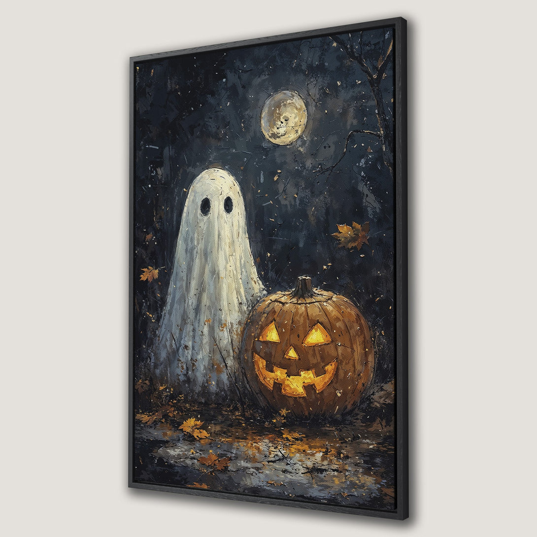 Framed Wall Art featuring a spooky ghost and jack-o'-lantern in a dark, painterly style. Halloween decor with a moody, autumnal color palette.