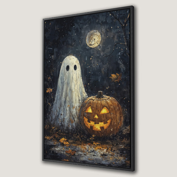 Framed Wall Art featuring a spooky ghost and jack-o'-lantern in a dark, painterly style. Halloween decor with a moody, autumnal color palette.
