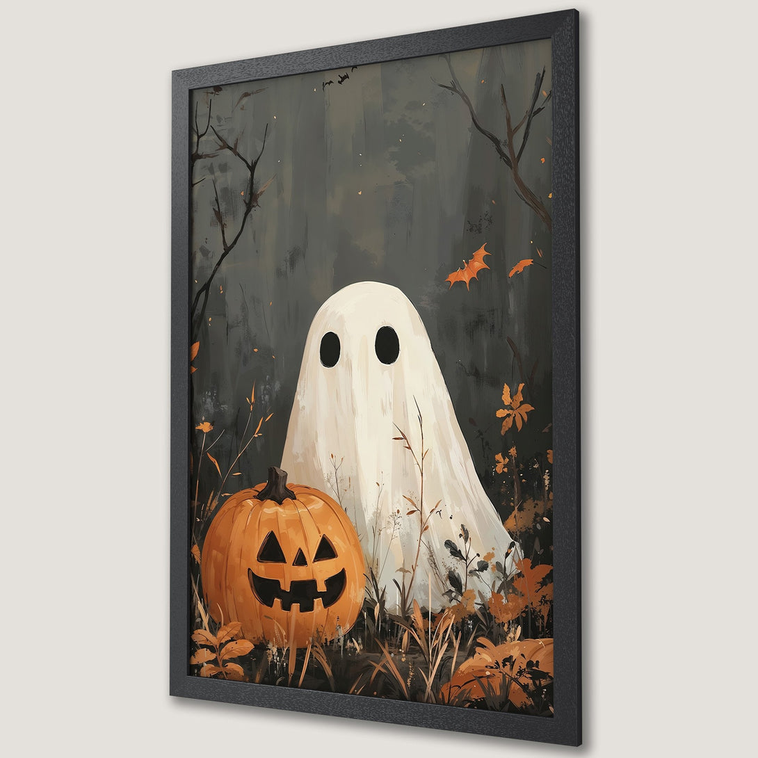Framed Poster featuring a spooky ghost and pumpkin in a dark, painterly style with orange and grey tones. Perfect Halloween decor!