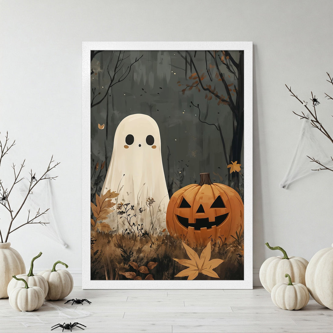 Framed Poster featuring a cute ghost & jack-o'-lantern in a whimsical style, with a warm, autumnal color palette. Perfect Halloween decor!