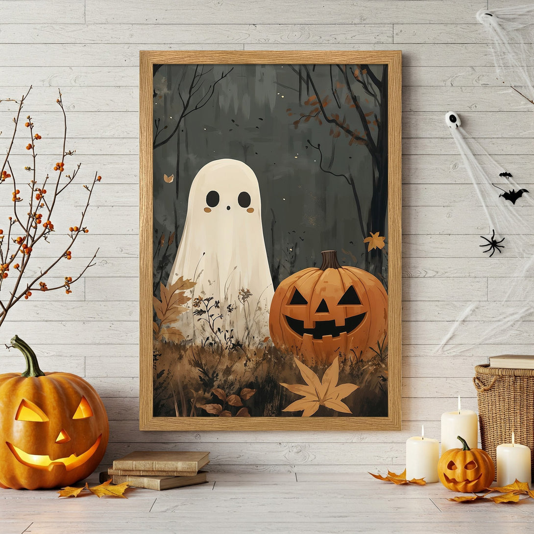 Framed Poster featuring a cute ghost & pumpkin illustration in a whimsical style with a warm, autumnal color palette. Perfect Halloween decor!
