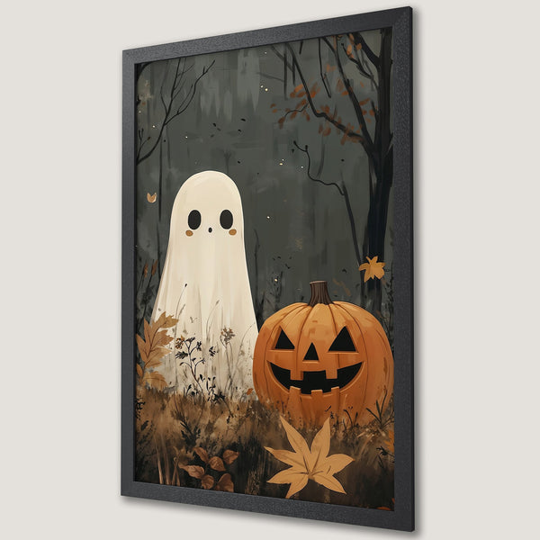 Framed Poster featuring a cute ghost and jack-o'-lantern in a whimsical style with a dark, earthy color palette. Perfect Halloween decor!