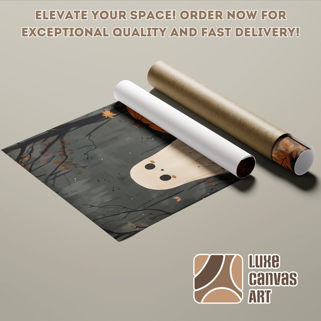 Poster Roll featuring a whimsical ghost design, in a muted, autumnal color palette. Perfect for Halloween decor!