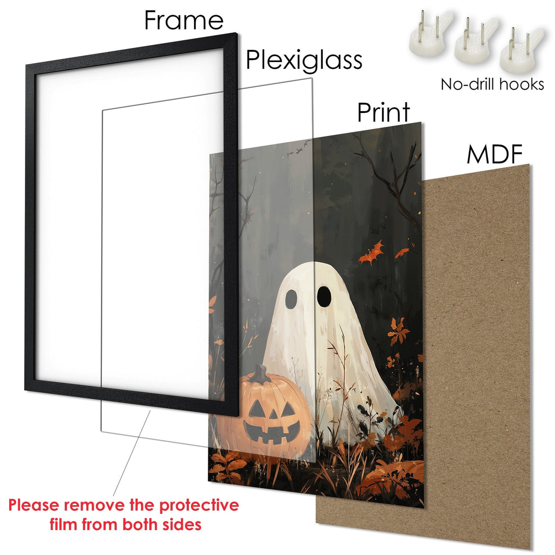 Framed Poster featuring a spooky ghost and pumpkin art print, with a dark, muted color palette. Perfect Halloween decor!