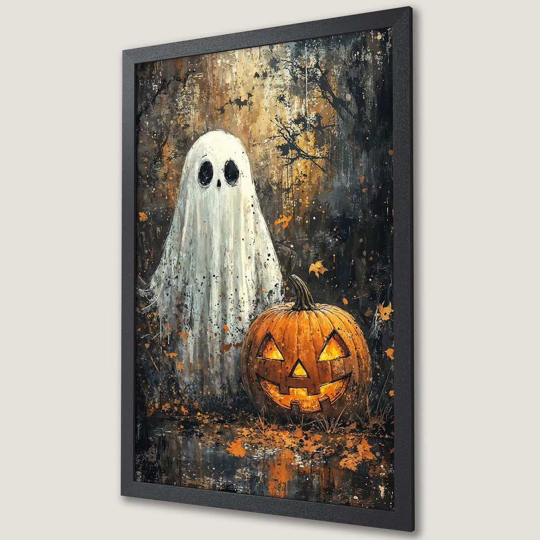 Framed Poster: Spooky Halloween art featuring a ghost & jack-o'-lantern. Dark, moody style with orange, black, & white color palette. Perfect for Halloween decor!
