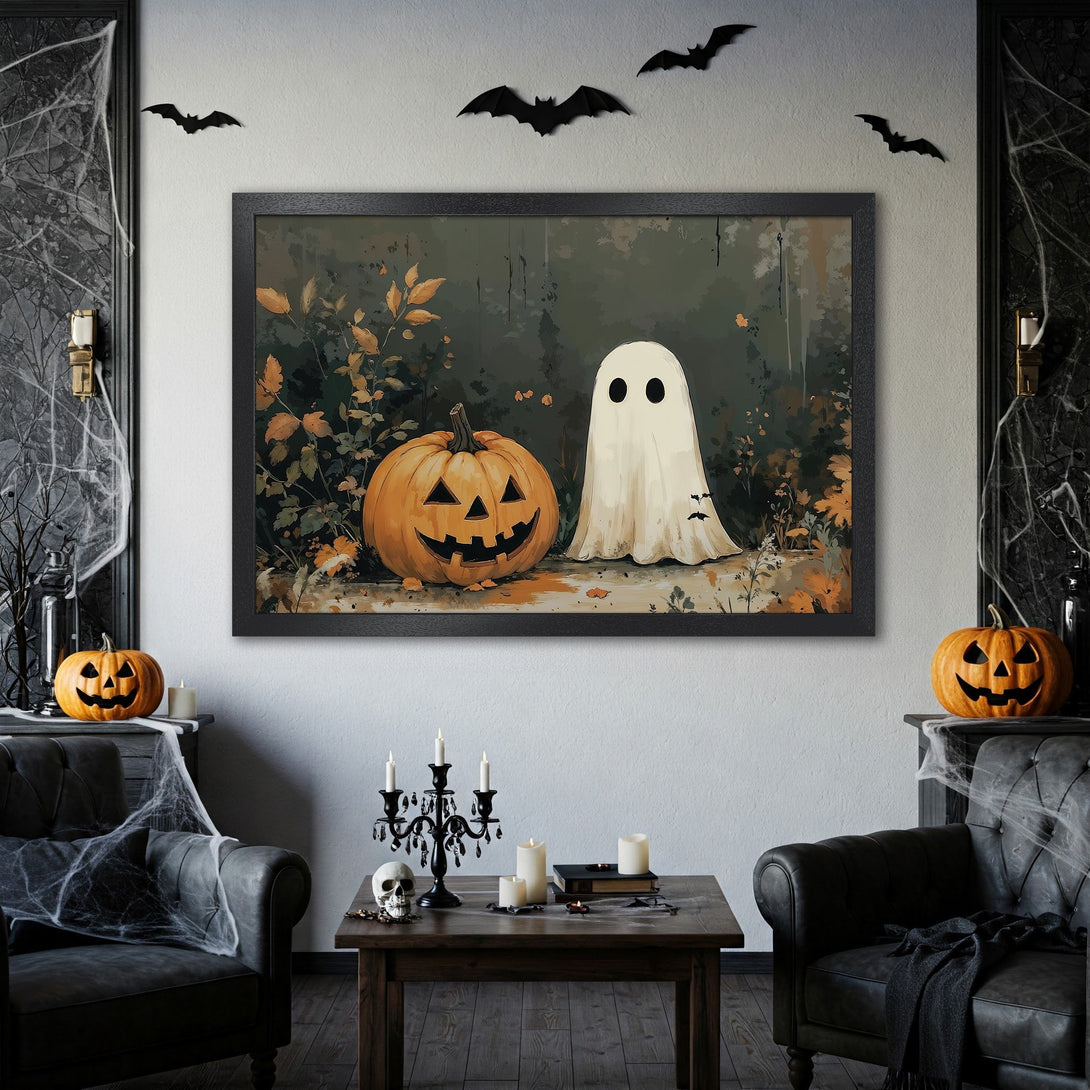 Framed Poster featuring a spooky Halloween scene with a pumpkin and ghost, in a vintage style with an earthy color palette.