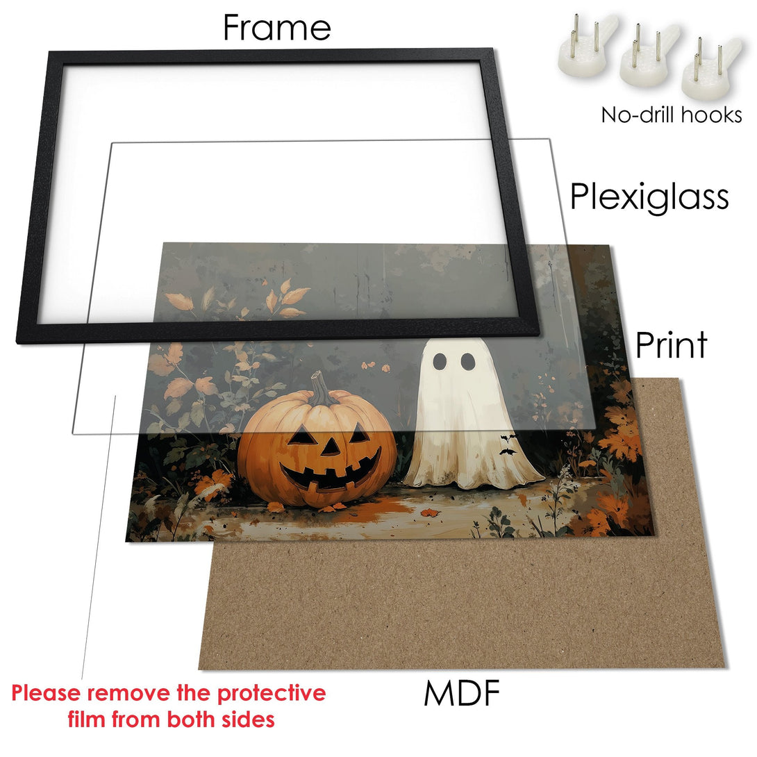 Framed Poster featuring a Halloween scene with a pumpkin and ghost, in a watercolor style with an earthy color palette.