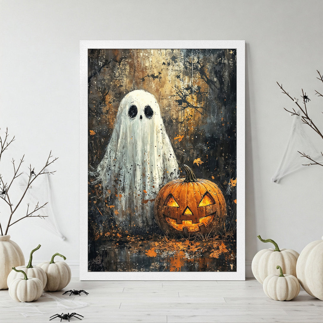 Framed Poster featuring a spooky ghost and pumpkin in a dark, painterly style with an orange and black color palette, perfect for Halloween decor.
