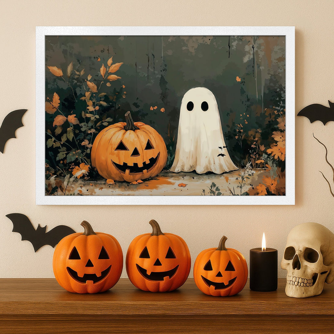 Framed Poster featuring a spooky Halloween scene with a ghost and pumpkin, in a watercolor style with orange and green tones.
