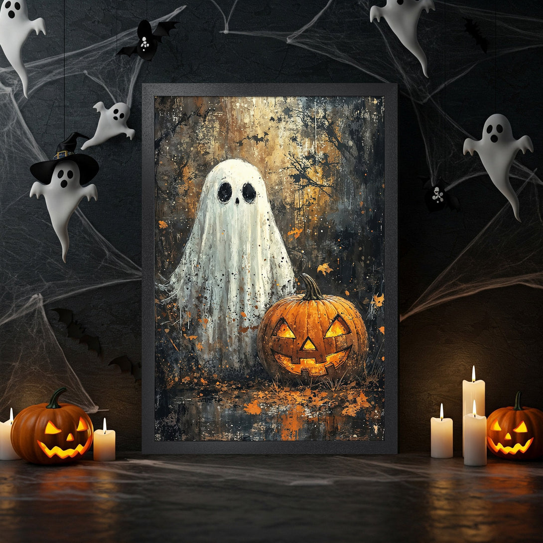 Framed Poster: Spooky Halloween art with ghost & pumpkin, dark & orange color palette, perfect for seasonal decor.