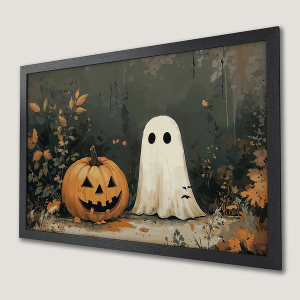 Framed Poster featuring a Halloween scene with a ghost and pumpkin, in an autumnal color palette.