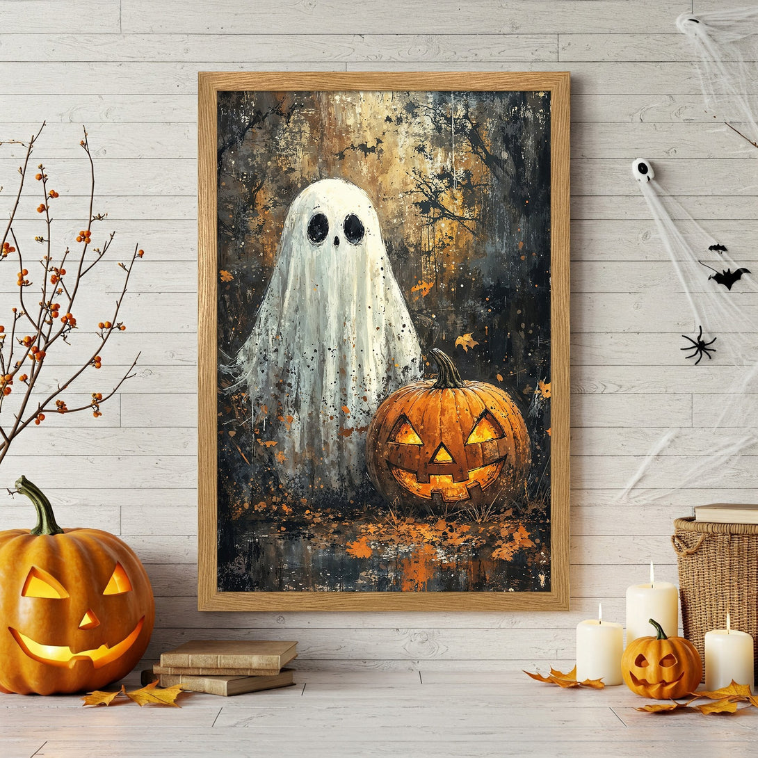 Framed Poster featuring a spooky ghost and pumpkin, perfect Halloween decor. Dark, painterly style with orange and brown tones.