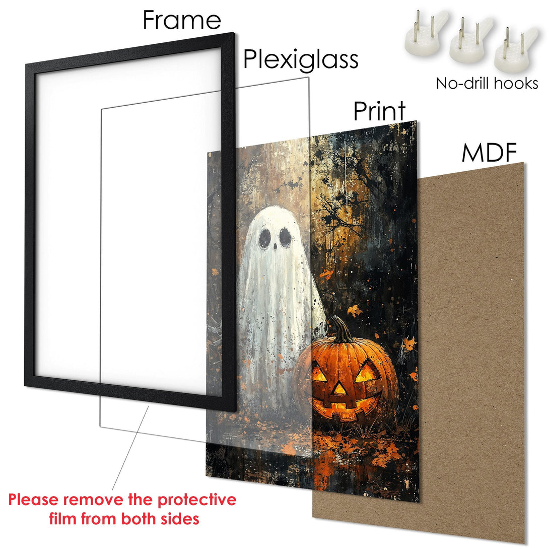Framed Poster featuring a spooky ghost and jack-o'-lantern in a dark, artistic style with a warm, autumnal color palette. Perfect Halloween decor!
