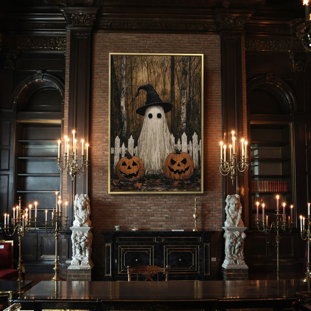 Halloween Canvas Print featuring a spooky ghost and pumpkins, in a rustic, dark brown and orange palette. Perfect for Halloween decor!