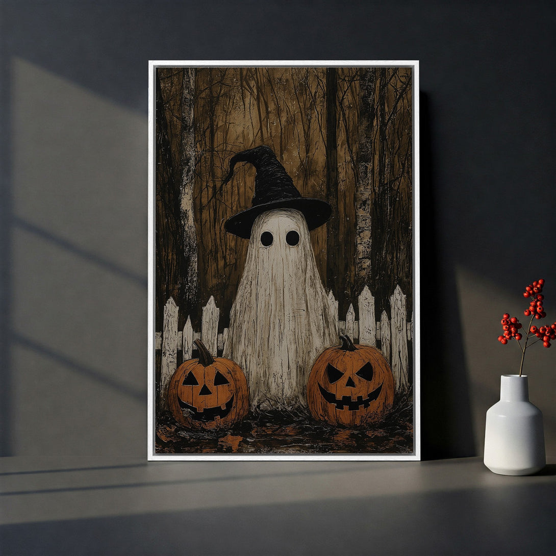 Framed Wall Art: Spooky Halloween ghost and pumpkins in a forest. Rustic, vintage style with warm brown and orange tones. Perfect for fall decor!