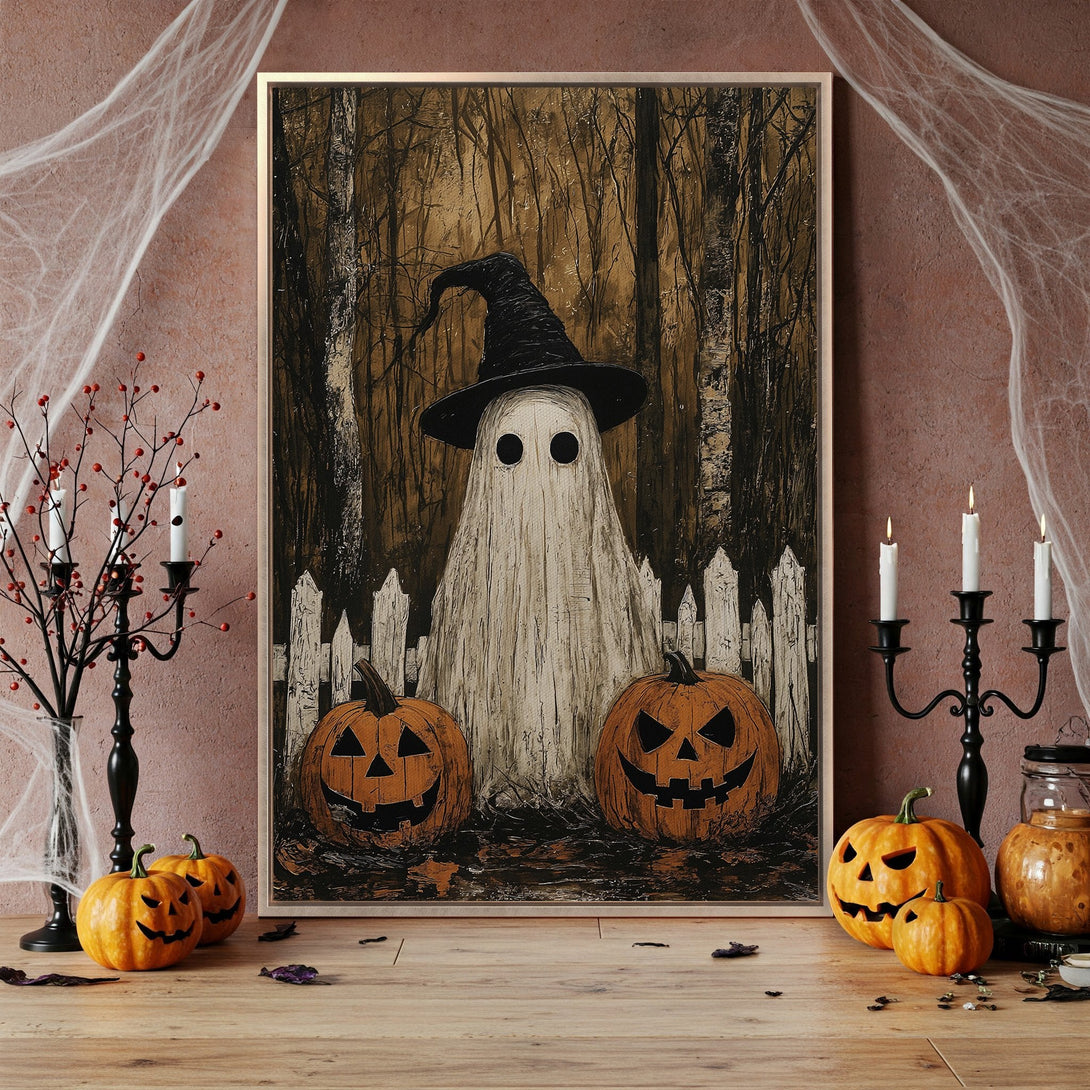 Framed Wall Art featuring a spooky ghost and pumpkins in a vintage style, warm brown and orange color palette, perfect for Halloween decor.