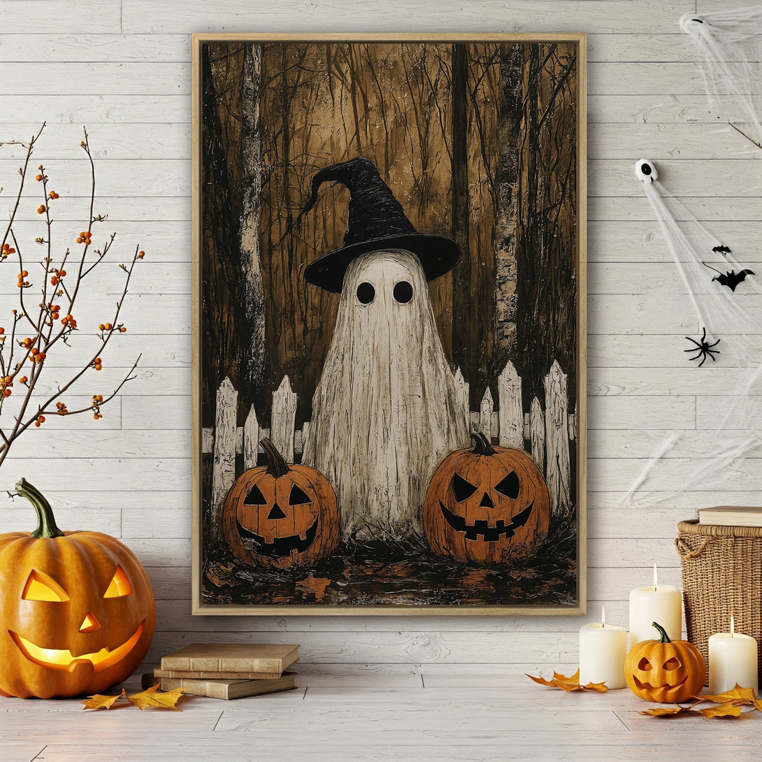 Framed Wall Art: Spooky Halloween scene with a ghost, pumpkins, and a witch hat in a sepia color palette. Perfect for adding a touch of frightful charm!