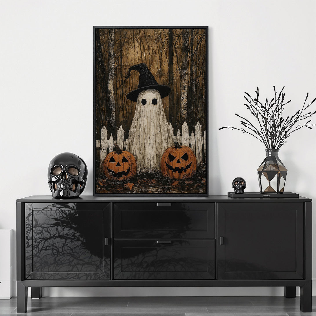 Framed Wall Art: Spooky Halloween scene with ghost, pumpkins, and forest backdrop. Rustic style with warm brown and orange tones. Perfect for seasonal decor.
