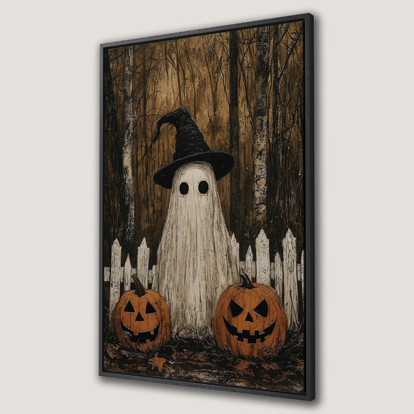 Framed Wall Art: Spooky Halloween scene with a ghost in a witch hat and jack-o'-lanterns. Rustic style with a warm, autumnal color palette. Perfect for seasonal decor.