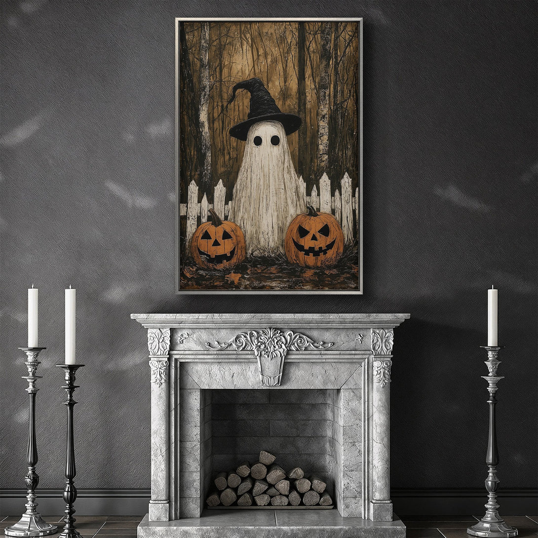 Framed Wall Art: Spooky Halloween ghost & pumpkins in a forest, warm sepia tones. Perfect for seasonal decor!