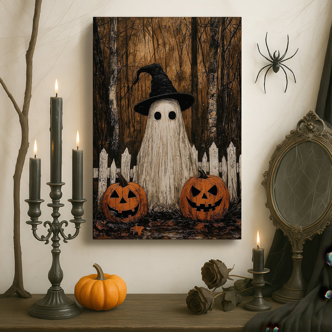Framed Wall Art: Spooky Halloween ghost and pumpkins in a forest scene. Rustic style, warm brown and orange tones. Perfect for fall decor!