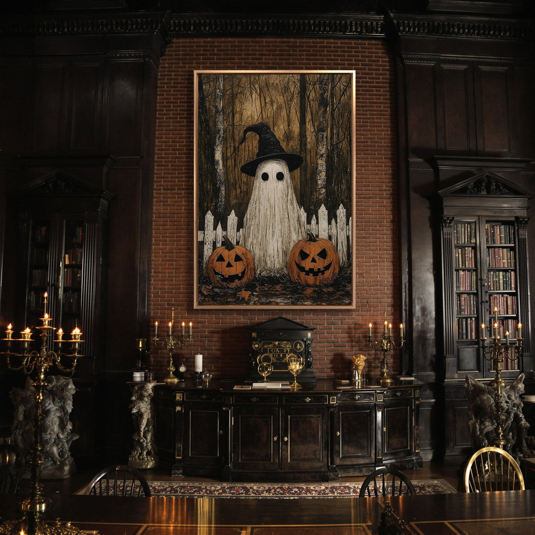 Framed Wall Art: Spooky Halloween ghost and pumpkins in a dark, moody interior. Features a whimsical illustration with orange, black, and white tones. Perfect for fall decor.