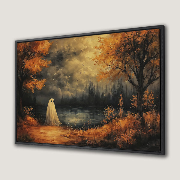 Framed Wall Art: Spooky ghost by a lake in autumn. Warm orange and gold tones create a hauntingly beautiful landscape. Perfect Halloween decor!