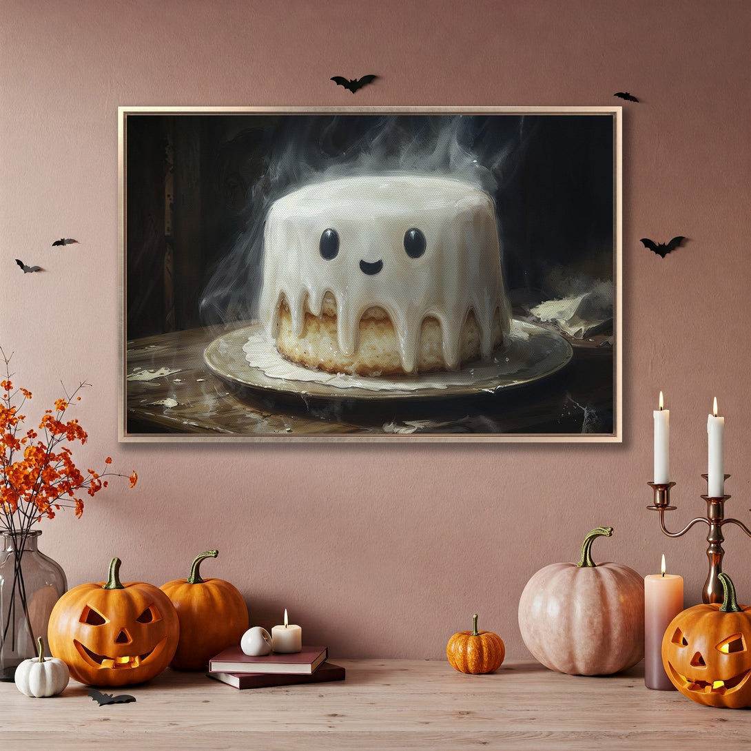 Framed Wall Art: Whimsical Halloween ghost cake art in warm, inviting tones. Perfect for spooky season decor! Canvas Print adds festive charm to any space.