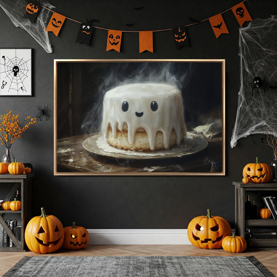 Framed Wall Art featuring a spooky ghost cake illustration in a Halloween-themed interior. Warm, inviting color palette with orange, black, and gold accents.