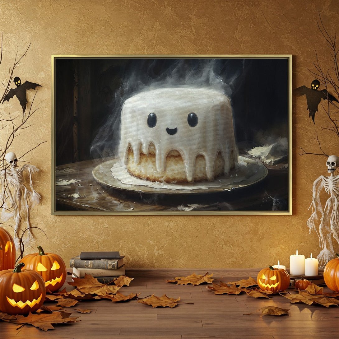 Canvas Print: Spooky Halloween decor featuring a cake with a face, pumpkins, and skulls. Warm orange, black, and white color palette creates a festive atmosphere.