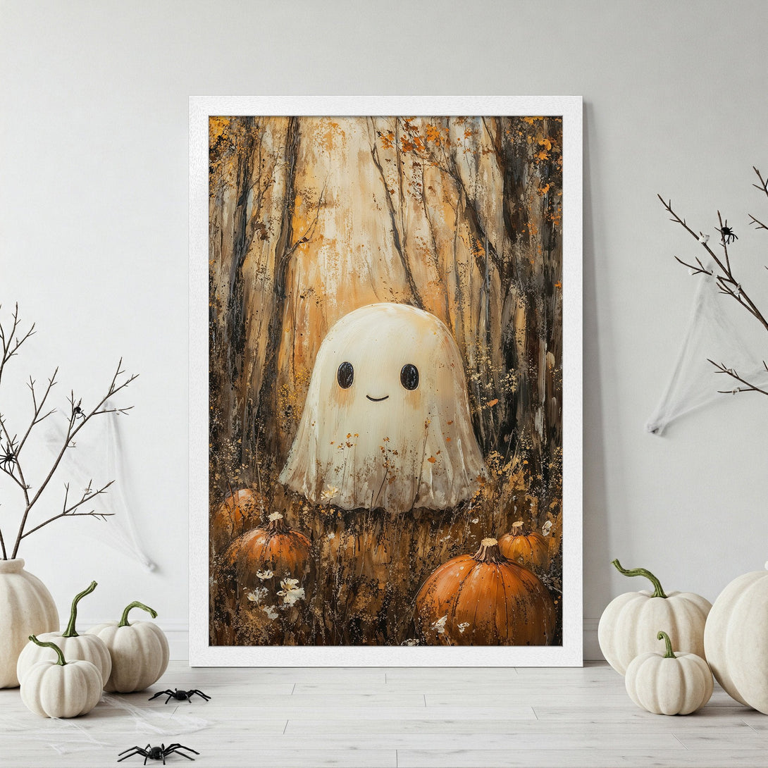 Framed Poster featuring a cute ghost in a forest, painted in a warm, autumnal palette of orange, brown, and white. Perfect Halloween decor!