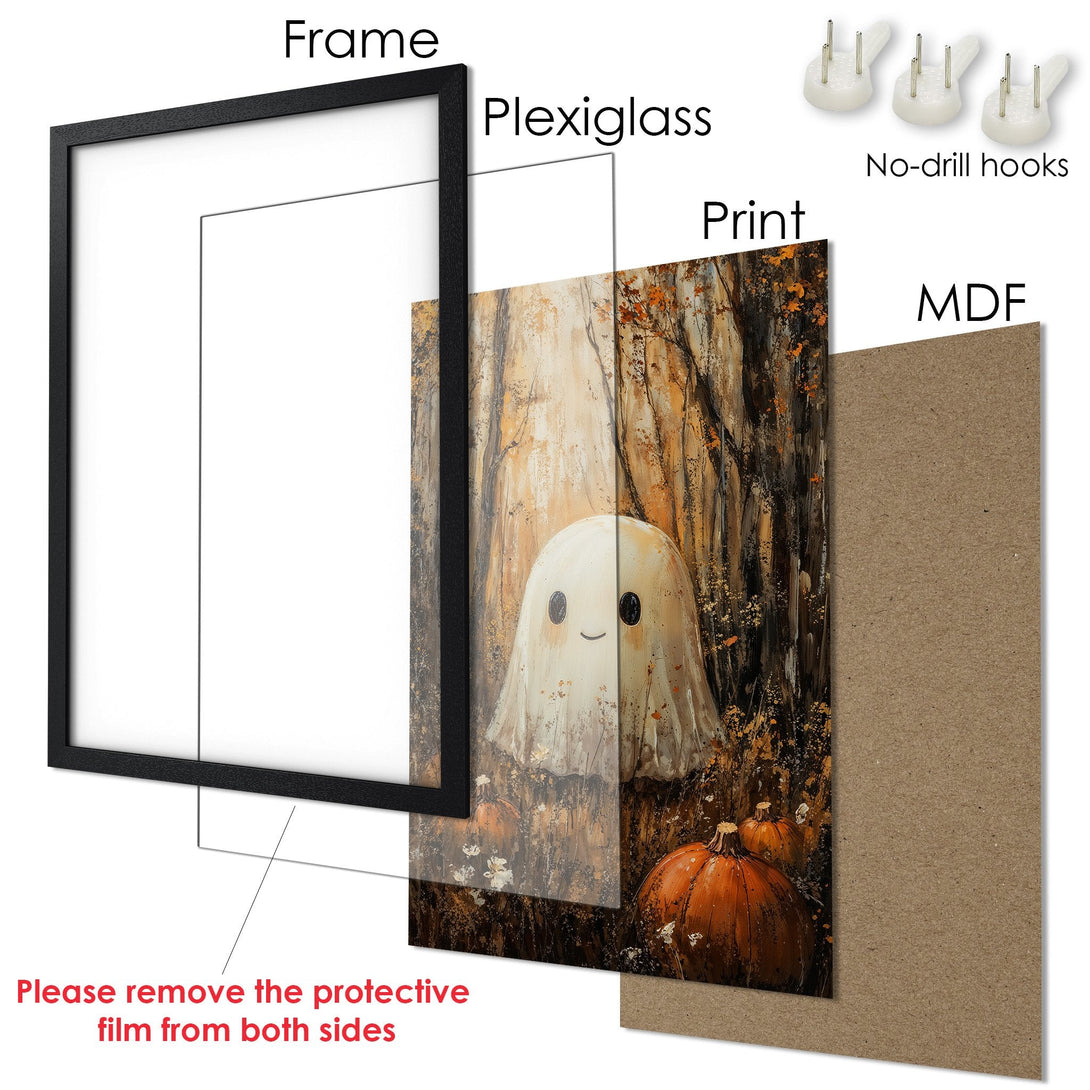 Framed Poster featuring a cute ghost in a forest, with warm autumn colors. Perfect Halloween decor!