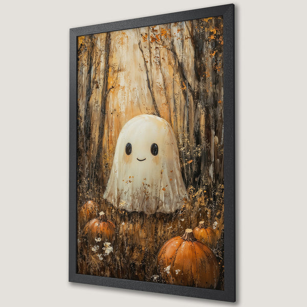 Framed Poster featuring a cute ghost in a forest with pumpkins, painted in a warm, autumnal color palette. Perfect Halloween decor!