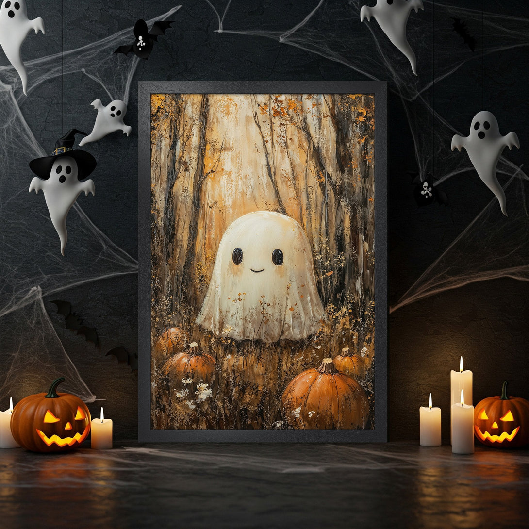 Framed Poster featuring a friendly ghost in a whimsical, autumnal style with a warm, earthy color palette. Perfect Halloween decor!