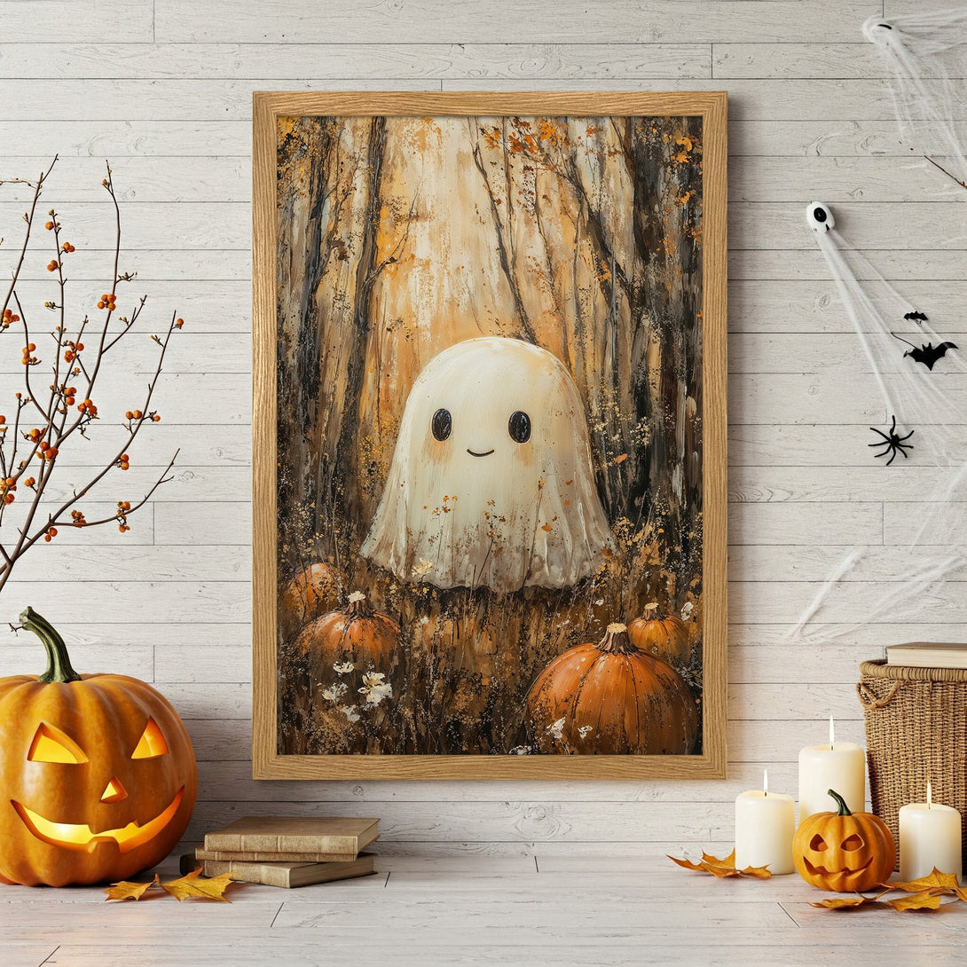 Framed Poster featuring a cute ghost in a forest, with a warm autumn color palette. Perfect Halloween decor!