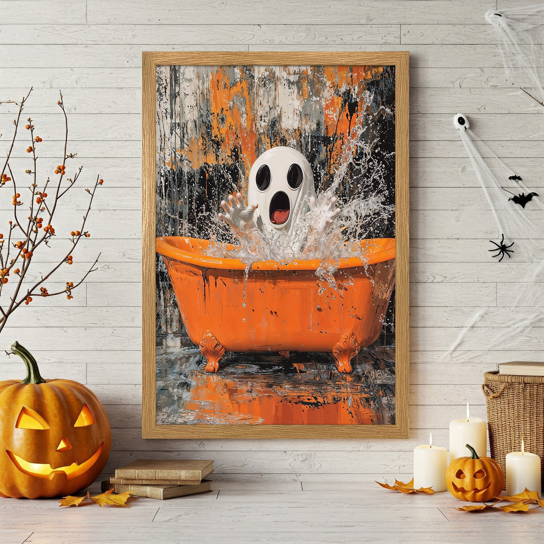 Framed Poster featuring a spooky ghost in an orange bathtub, abstract style with orange, black, and white color palette. Perfect Halloween decor!