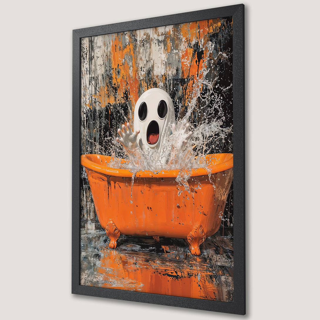 Framed Poster featuring a ghost in a bathtub with an abstract style and an orange, black, and white color palette. Perfect Halloween decor!
