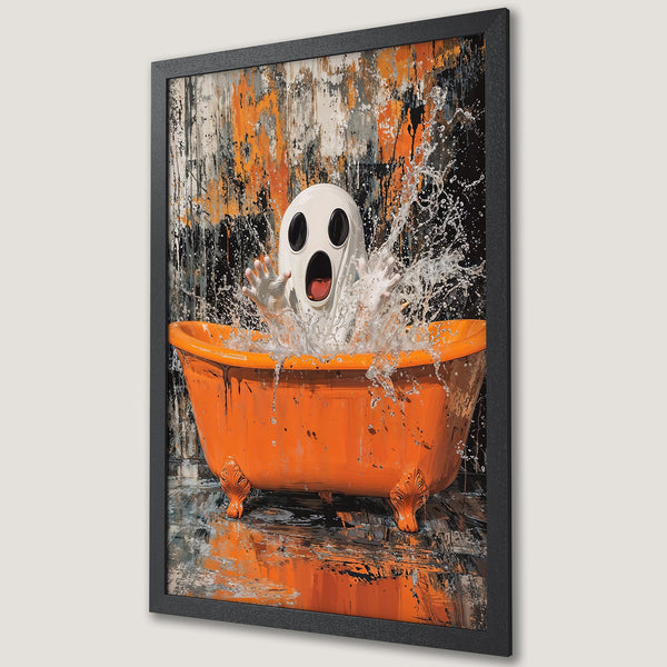 Framed Poster featuring a ghost in a bathtub with an abstract style and an orange, black, and white color palette. Perfect Halloween decor!